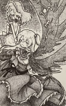 Rule 34 | 2girls, absurdres, apron, capelet, commentary request, greyscale, hair bobbles, hair ornament, highres, long hair, long sleeves, looking at viewer, maid, maid apron, maid headdress, monochrome, multiple girls, multiple wings, one side up, open mouth, puffy short sleeves, puffy sleeves, shinki (touhou), short sleeves, skirt hold, smile, suteruko, touhou, touhou (pc-98), traditional media, very long hair, wide sleeves, wings, yumeko (touhou)