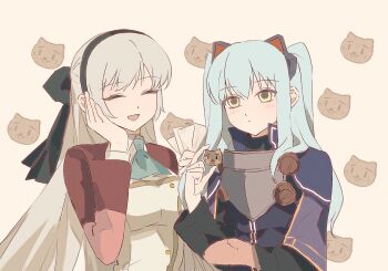 Rule 34 | 2girls, animal ear hairband, animal ears, ao no kiseki, ascot, asprosgy, black hairband, blue hair, cat ear hairband, cat ears, cat hair ornament, closed eyes, eiyuu densetsu, elie macdowell, fake animal ears, green ascot, green eyes, hair ornament, hairband, hashtag-only commentary, highres, long hair, mishy, multiple girls, open mouth, simple background, tio plato, white hair, yellow eyes, zero no kiseki