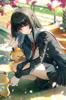 1girl arm_cutout black_jacket black_shirt black_shoes black_skirt black_socks blush chisa_(wuthering_waves) closed_mouth clothing_cutout commentary fingernails hair_ribbon hand_up highres jacket loafers long_sleeves mihan_(mihan_art) mole mole_under_eye nail_polish namipon_(wuthering_waves) neckerchief outdoors red_eyes red_nails red_neckerchief red_ribbon ribbon sailor_collar shirt shoes skirt socks solo squatting thighs waving white_sailor_collar wuthering_waves
