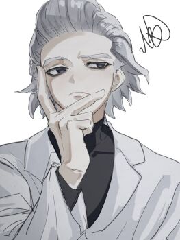 1boy bags_under_eyes black_eyes black_shirt black_sweater closed_mouth commentary doctor dr._stone frown grey_eyes grey_hair grey_jacket hair_slicked_back hand_on_own_chin hand_on_own_face hand_up highres jacket lips long_sleeves looking_to_the_side male_focus rye_quattro scientist serious shirt short_hair simple_background sketch solo squiggle sweater symbol-only_commentary turtleneck upper_body white_background white_jacket xeno_(dr.stone)