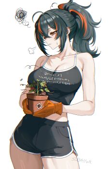 Rule 34 | 1girl, absurdres, ahoge, black camisole, black hair, black shorts, breasts, camisole, cleavage, closed mouth, collarbone, cowboy shot, gloves, high ponytail, highres, holding, holding plant, large breasts, multicolored hair, orange gloves, plant, ponytail, potted plant, puff of air, red eyes, red hair, short shorts, shorts, simple background, solo, spoken squiggle, squiggle, streaked hair, white background, white kojinak, zenless zone zero, zhu yuan