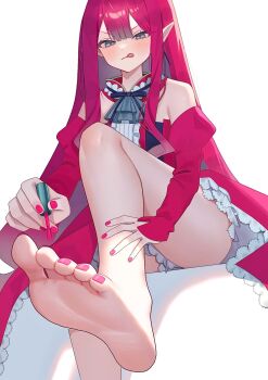 1girl applying_pedicure ass baobhan_sith_(fate) baobhan_sith_(first_ascension)_(fate) bare_shoulders barefoot blush breasts commentary_request detached_sleeves dress fate/grand_order fate_(series) feet foot_focus foot_out_of_frame frilled_dress frills full_body grey_eyes highres katashiro knee_up long_hair looking_down nail_polish pink_hair pointy_ears red_dress red_nails revision sidelocks sitting soles solo thighs toenail_polish toenails tongue tongue_out white_background