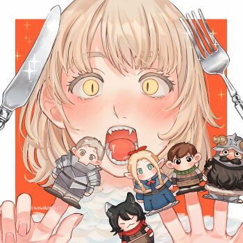 1girl blonde_hair border butter_knife character_doll chilchuck_tims doll dungeon_meshi falin_touden falin_touden_(chimera) fangs feathers finger_puppet fork hands_up highres izutsumi knife laios_touden looking_at_viewer marcille_donato open_mouth orange_background outside_border portrait puppet sasakura34 senshi_(dungeon_meshi) short_hair simple_background slit_pupils solo sparkle straight-on teeth tongue twitter_username white_border white_feathers yellow_eyes