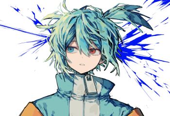Rule 34 | 1boy, blue eyes, blue hair, blue jacket, double-parted bangs, griffon0416, hair between eyes, heterochromia, highres, jacket, male focus, multicolored jacket, parted lips, puyopuyo, red eyes, short hair, sidelocks, sig (puyopuyo), solo, upper body, white jacket, zipper, zipper pull tab