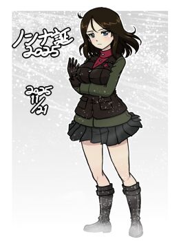 1girl 2025 adjusting_clothes adjusting_gloves birthday black_boots black_gloves black_hair black_skirt black_vest blue_eyes boots character_name closed_mouth commentary dated frown full_body girls_und_panzer gloves green_jacket jacket long_sleeves looking_at_viewer medium_hair military_uniform miniskirt nonna_(girls_und_panzer) outside_border pleated_skirt pravda_military_uniform red_shirt shirt skirt snowing solo swept_bangs takahashi_kurage turtleneck vest wind