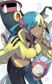 1girl aqua_hair bandeau belt black_belt black_mask black_pants blonde_hair blue_eyes blue_pants blue_skin breasts canari_(pokemon) colored_sclera colored_skin criss-cross_straps dark-skinned_female dark_skin eel eelektross electricity fangs fish gen_5_pokemon highres jacket lamprey long_sleeves looking_at_viewer mask mask_pull medium_breasts mega_eelektross mega_pokemon mega_stone mouth_mask multicolored_hair multicolored_skin navel nazono77 nintendo open_mouth pants pokemon pokemon_(creature) pokemon_legends:_z-a red_eyes red_sclera short_twintails split-color_hair sports_bra twintails two-tone_hair two-tone_mask two-tone_pants two-tone_skin white_skin yellow_bandeau yellow_jacket yellow_mask yellow_sports_bra