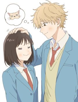 blazer blonde_hair blue_jacket bob_cut brown_hair cat closed_eyes closed_mouth collared_shirt commentary fingernails hand_up headpat iwakura_mitsumi jacket kana_siri_siri lapels layered_clothes looking_at_another necktie notched_lapels open_clothes open_hand open_jacket red_necktie school_uniform shima_sousuke shirt short_hair short_sleeves simple_background skip_to_loafer smile speech_bubble sweater thought_bubble tsubame_nishi_high_school_uniform upper_body v-neck white_background white_shirt yellow_sweater