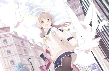 Rule 34 | 1girl, backpack, bag, bird, blonde hair, blue archive, blue skirt, blush, bow, bowtie, brown pantyhose, building, cardigan, clock, clock tower, cloud, day, doremi (doremi4704), dove, feathers, flock, flower, from below, game asset, gun, hair ribbon, halo, hifumi (blue archive), highres, holding, holding gun, holding weapon, lamppost, long hair, looking at viewer, low twintails, non-web source, official art, open mouth, outdoors, pantyhose, pink shoes, pleated skirt, ribbon, rifle, road, rose, sailor collar, school uniform, self-datamine, serafuku, shoes, skirt, sky, smile, solo, standing, street, teeth, tower, trinity general school logo, twintails, upper teeth only, weapon, white bird, white cardigan, yellow bow, yellow bowtie, yellow eyes, yellow halo, yellow ribbon