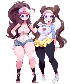 donut_hair_bun gazericc hair_bun highres hilda_(pokemon) multiple_girls nintendo pokemon pokemon_bw pokemon_bw2 ponytail rosa_(pokemon) simple_background white_background