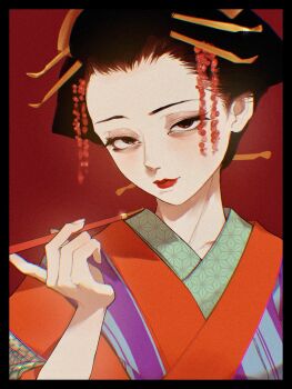 1girl black_eyes black_hair closed_mouth hair_ornament hair_stick hand_up highres japanese_clothes kimono lips lipstick looking_at_viewer makeup nose okubatomaeba original print_kimono red_background red_kimono red_lips sanpaku short_hair simple_background smile solo upper_body