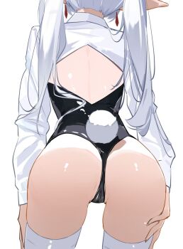 1girl alternate_costume animal_ears ass ass_focus backless_leotard black_leotard cameltoe earrings fake_animal_ears floating_earrings frieren from_behind hand_on_own_ass head_out_of_frame jewelry leotard long_hair long_sleeves pointy_ears rabbit_tail shrug_(clothing) simple_background skindentation solo sousou_no_frieren sydus tail thighhighs thighs twintails white_background white_hair white_shrug white_thighhighs