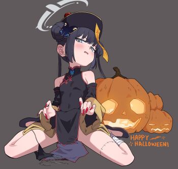 1girl absurdres black_hair blue_archive blush breasts chinese_clothes clothes_lift covered_navel detached_sleeves english_text fingernails full_body grey_background grey_eyes halloween halloween_costume halo hat highres jack-o&#039;-lantern jiangshi jiangshi_costume kisaki_(blue_archive) knees_up leg_wrap loli long_fingernails long_hair nail_polish ofuda ofuda_on_clothes open_mouth panties panties_around_leg red_nails shoes side-tie_panties small_breasts solo twintails underwear