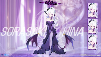 1girl :d ;) absurdres alternate_costume bare_shoulders black_choker black_shoes blue_archive character_name choker commentary_request demon_girl demon_horns demon_wings detached_sleeves dress earrings elbow_gloves evening_gown expression_chart forehead full_body gloves halo high_heels highres hina_(blue_archive) horns jewelry long_dress long_hair looking_at_viewer multicolored_halo necklace one_eye_closed open_mouth pantyhose parted_bangs pearl_necklace pendant ponytail purple_dress purple_eyes purple_gloves purple_halo purple_pantyhose shoes short_sleeves side_slit sidelocks simple_background smile solo standing strapless strapless_dress tachi-e teardrop_earrings treeplanting two-tone_halo wavy_hair white_hair wings
