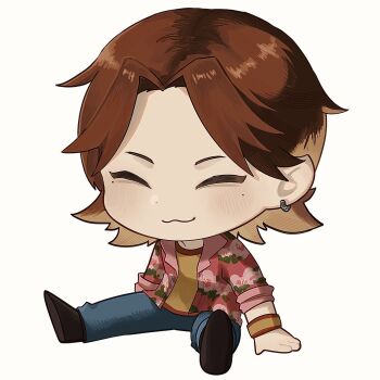 1boy :3 absurdres brown_hair chibi chibi_only closed_eyes curtained_hair daisuke_(mouthwashing) denim earrings full_body hawaiian_shirt highres jeans jewelry katsumira male_focus mouthwashing pants shirt sitting solo spread_legs undershirt wristband yellow_shirt