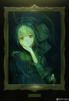 2girls absurdres alternate_costume asphyxiation bags_under_eyes bang_dream! bang_dream!_it's_mygo!!!!! black_shirt center-flap_bangs chinese_commentary closed_mouth collarbone commentary_request dark dress drowning earrings empty_eyes expressionless forehead frilled_dress frills front-to-back green_eyes green_hair hand_on_another's_cheek hand_on_another's_chin hand_on_another's_face hand_on_another's_shoulder highres horror_(theme) jewelry long_hair looking_ahead looking_at_viewer making-of_available mori_minami mother_and_daughter multiple_girls neck_ribbon parted_lips partially_submerged picture_frame puffy_short_sleeves puffy_sleeves ribbon ripples shiro_(shirohakura) shirt short_sleeves smile square_neckline stud_earrings submerged sweat t-shirt through_medium through_painting wakaba_mutsumi water_drop watermark weibo_watermark yellow_eyes