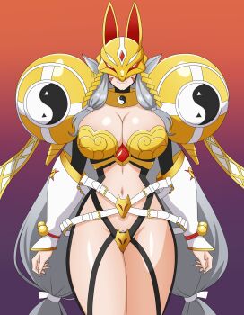1girl absurdres animal_ears arm_warmers armor belt bikini_armor black_arm_warmers breasts cleavage closed_mouth commentary covered_eyes cowboy_shot detached_sleeves digimon digimon_(creature) earrings facial_mark fox_ears fox_mask gradient_background grey_hair groin hair_ribbon highres jewelry large_breasts long_hair low-tied_long_hair low_twintails mask multiple_earrings navel revealing_clothes ribbon sakuyamon sakuyamon_x-antibody shoulder_armor simple_background smile solo standing stomach tress_ribbon tsubasadraw twintails very_long_hair white_belt white_sleeves yellow_armor yellow_collar yellow_mask yin_yang yin_yang_print