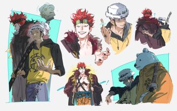 4boys arm_around_back arm_tattoo arm_up bear bear_boy bepo_(one_piece) black_hair blonde_hair coat commentary_request cropped_shoulders cropped_torso denim devil_fruit_power disembodied_head drawstring eustass_kid furry furry_male goggles goggles_on_head grin gyps_loafar hand_tattoo hat heart_pirates_jolly_roger highres holding holding_sword holding_weapon hood hood_down hoodie jeans jumpsuit lipstick long_sleeves makeup middle_finger multiple_boys one_piece orange_jumpsuit pants polar_bear red_eyes red_hair short_hair sideburns smile standing sword tattoo teeth trafalgar_law two-tone_hoodie weapon white_hat