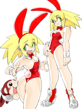 1girl animal_ears ass bare_legs blonde_hair bow bowtie breasts cowboy_shot cuffs data_(mega_man) detached_collar fake_animal_ears full_body green_eyes highres leotard long_hair mega_man_(series) mega_man_legends_(series) multiple_views open_mouth playboy_bunny rabbit_ears rabbit_tail red_leotard red_neckwear roll_caskett_(mega_man) shoes simple_background small_breasts tail toshinoshin white_background