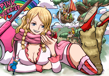 2025 2girls 5boys alternate_costume apple7apo axe bare_shoulders blonde_hair blue_cape blue_eyes blush boat braid breasts cape capelet cleavage elbaf fake_horns feet_up fur-trimmed_legwear fur_leg_warmers fur_trim gerd_(one_piece) giant giantess heart_(symbol) helmet highres horned_helmet horns large_breasts leg_warmers lying monkey_d._luffy monkey_d._luffy_(elbaf) multiple_boys multiple_girls nami_(one_piece) nami_(one_piece)_(elbaf) official_alternate_costume one_piece open_mouth pink_cape rainbow red_capelet red_shoes roronoa_zoro roronoa_zoro_(elbaf) sanji_(one_piece) sanji_(one_piece)_(elbaf) shoes size_difference smile thighhighs tony_tony_chopper tony_tony_chopper_(elbaf) tree usopp usopp_(elbaf) viking watercraft yellow_capelet