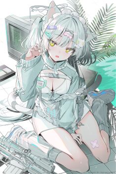 1girl animal_ears apron bandaid bandaid_on_leg blue_hair breasts cat_ears cat_girl cat_tail claw_pose cleavage gun hair_ornament highres jersey_maid kawachi_rin long_hair maid medium_breasts original ribbed_leg_warmers rifle sitting slit_pupils solo tail tenshi_kaiwai unconventional_maid waist_apron wariza weapon yellow_eyes