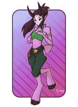 belt black_eyes black_hair bra colored_skin faun green_bra horns horse_legs kora_(xyronii) mask neck nose original pants ponytail purple_skin signature simple_background tail underwear xyronii