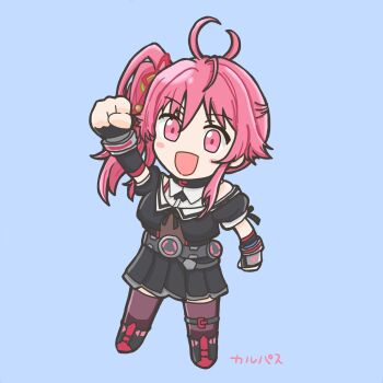 Rule 34 | 1girl, :d, antenna hair, arm at side, arm up, artist name, assault lily, bare shoulders, belt, belt buckle, black belt, black boots, black gloves, black shirt, black skirt, blue background, blush, boots, brown shirt, brown thighhighs, buckle, calpas, clenched hand, commentary request, cropped jacket, deformed, fingerless gloves, full body, gloves, grey belt, hair ribbon, highres, long hair, looking at viewer, miniskirt, multicolored boots, nagasaka maho, off shoulder, open mouth, outstretched arm, pink eyes, pink hair, pleated skirt, red boots, red ribbon, ribbon, school uniform, shirt, short sleeves, side ponytail, simple background, skirt, sleeveless, sleeveless shirt, smile, solo, thigh belt, thigh strap, thighhighs, two-tone boots, two-tone shirt, white shirt, yellow ribbon, yurigaoka girls academy school uniform