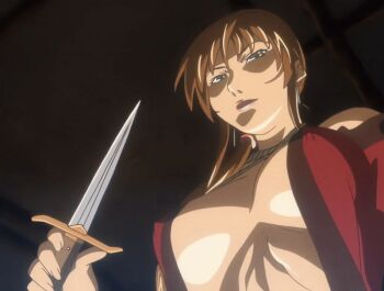 00s 1girl 2007 animated animated_gif bible_black bible_black_new_testament bouncing_breasts breasts brown_hair cloak earrings ichikawa_aki jewelry knife large_breasts lipstick makeup nipples robe shin_bible_black side_ponytail tagme uncensored undressing