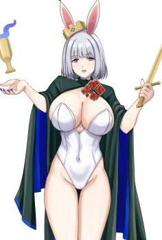 1girl animal_ears blue_cape breasts bunny_day cape chalice cleavage crown cup cyka fake_animal_ears girls'_frontline green_cape grey_hair highres holding holding_sword holding_weapon large_breasts leotard looking_at_viewer multicolored_cape open_mouth playboy_bunny purple_eyes rabbit_ears rpk-16_(girls'_frontline) short_hair simple_background smile solo strapless strapless_leotard sword weapon white_background