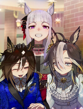 Rule 34 | 3girls, absurdres, animal ears, black gloves, blue eyes, blue jacket, blunt bangs, blush, bow, brown hair, closed mouth, commentary, dream journey (snow-white dreamland) (umamusume), dream journey (umamusume), dress, eyes visible through hair, glasses, gloves, gold ship (la mode 564) (umamusume), gold ship (umamusume), grey hair, grin, hair between eyes, hair over one eye, highres, horse ears, horse girl, jacket, lace, lace gloves, multicolored hair, multiple girls, no uwazumi, one eye closed, open mouth, purple eyes, red dress, shirt, short hair, smile, stay gold (umamusume), two-tone hair, umamusume, white bow, white dress, white hair, white shirt, yellow eyes