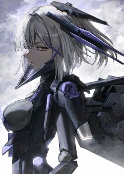 1girl absurdres black_bodysuit bodysuit breasts chin_guard closed_mouth commentary_request cyborg grey_hair hair_between_eyes hair_ornament headgear highres joints looking_at_viewer mecha_musume mechanical_arms mechanical_wings medium_breasts medium_hair profile punishing:_gray_raven robot_joints rosetta:_rigor_(pgr) rosetta_(pgr) sidelocks solo standing takamatu_hajime upper_body wide_ponytail wings x_hair_ornament yellow_eyes