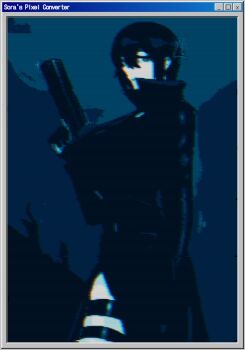 ! 1girl black_coat black_hair blame! blue_eyes coat commentary_request gun handgun highres holding holding_gun holding_weapon long_sleeves looking_at_viewer penamon sanakan short_hair solo thigh_strap user_interface weapon