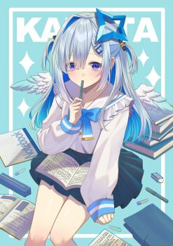 1girl amane_kanata aqua_background arm_at_side black_skirt blue_bow blue_bowtie blue_halo book book_on_lap bow bowtie character_name colored_inner_hair commentary_request eraser feet_out_of_frame frilled_sailor_collar frills grey_hair hair_between_eyes hair_intakes hair_ornament hairclip halo hand_up highres hololive invisible_chair long_bangs long_hair long_sleeves looking_at_viewer mini_wings miniskirt multicolored_hair nametakeko open_book paperclip parted_bangs pen pen_to_mouth pencil_case pile_of_books pleated_skirt purple_eyes sailor_collar school_uniform serafuku shirt sitting skirt sleeves_past_wrists solo star_halo virtual_youtuber white_sailor_collar white_shirt white_wings wings
