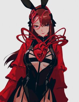 1girl animal_ear_hairband animal_ears black_dress black_leotard bow brown_eyes brown_hair claire_(par0llel) cleavage_cutout clothing_cutout clothing_request curtained_hair dress fake_animal_ears hair_bow hairband head_tilt heart_(organ) highres layered_sleeves leotard long_hair looking_at_viewer original par0llel popped_collar rabbit_ear_hairband rabbit_ears smile solo thigh_cutout very_long_hair