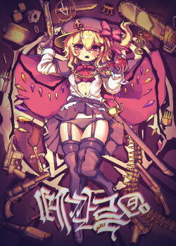 Rule 34 | 1girl, absurdres, alternate costume, alternate headwear, ammunition belt, balisong, belt, black cape, black hat, black panties, black skirt, blonde hair, blush, boots, bottle, bow, bowtie, brass knuckles, break action, brown boots, brown gloves, brown thighhighs, cape, card, chainsaw, cigarette, colt 1851 navy, commentary, cross, cross necklace, crystal, crystal wings, cup, double-barreled shotgun, drinking glass, en bloc clip, flandre scarlet, flask, garter straps, gloves, gun, hair ornament, handgun, hat, hat bow, high heel boots, high heels, highres, holding, holding cup, holding gun, holding weapon, jewelry, knife, korean commentary, lighter, long sleeves, looking at viewer, luger p08, lying, mauser c96, multicolored wings, navel, necklace, on back, one side up, open mouth, panties, pink bow, playing card, rampa93, razor blade, red bow, red bowtie, red cape, red eyes, revolver, sawed-off shotgun, sheath, sheathed, shirt, shotgun, skirt, solo, sword, thigh boots, thighhighs, touhou, two-sided cape, two-sided fabric, underwear, unworn jewelry, unworn necklace, weapon, white shirt, wine glass, wings, x hair ornament