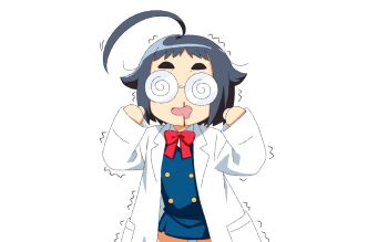 @_@ ahoge artist_self-insert bk_(barakoodra) coke-bottle_glasses deformed glasses lab_coat no_nose opaque_glasses open_mouth original round_eyewear smile solo