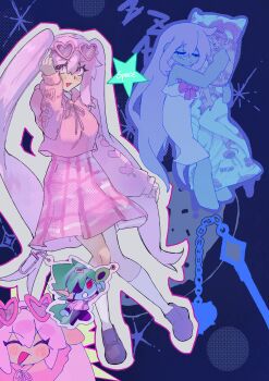 Rule 34 | 1girl, absurdres, adjusting eyewear, alternate costume, arm up, black shoes, blush, captain spaceboy, character charm, charm (object), chibi, closed eyes, coajvejdgi1508, cropped hoodie, dakimakura (object), dark-skinned female, dark skin, eyewear on head, flail, hair down, heart, heart-shaped eyewear, highres, hood, hoodie, long hair, long sleeves, looking at viewer, omori, open mouth, pillow, pink-framed eyewear, pink eyes, pink hair, pink hoodie, pink skirt, shoes, short hair, skirt, sleeping, smile, socks, solo, sunglasses, sweetheart (omori), twintails, weapon, white socks, zzz