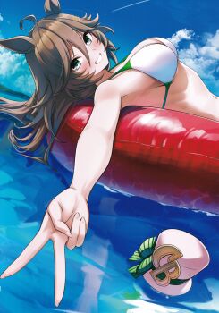 1girl :d absurdres afloat ahoge animal_ears armpits bikini blue_sky breasts brown_hair cloud contrail day green_eyes grin hair_between_eyes hat herohero_(higashi_no_dou) highres horse_ears horse_girl innertube long_hair lying medium_breasts mr._c.b._(umamusume) navel non-web_source ocean on_back on_innertube open_mouth outdoors outstretched_arm scan sky smile solo swim_ring swimsuit umamusume unworn_headwear upper_body v water white_bikini white_hat
