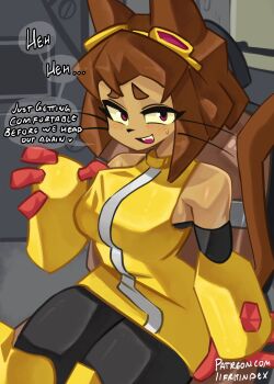 1girl animal_ears ass bare_shoulders blush brown_hair cat_ears cat_girl cat_tail commentary dark-skinned_female dark_skin english_commentary english_text furry furry_female gameoverse goggles goggles_on_head heart highres kit_bodega looking_at_viewer moxydraws open_mouth patreon_username pear-shaped_figure red_eyes sharp_teeth short_hair sitting solo sweat sweatdrop tail teeth thick_thighs thighs tongue toon_(style) upper_teeth_only whiskers
