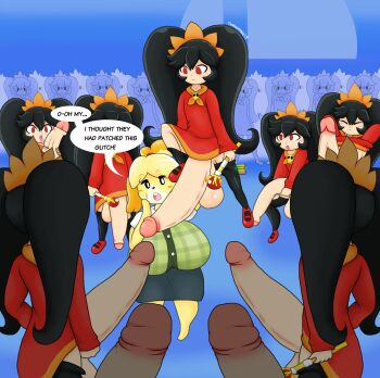 1girl 6+futa age_difference animal_crossing animal_ears ashley_(warioware) ass black_hair blonde_hair breasts dog_ears english_text furry furry_female furry_with_non-furry futa_with_female futanari highres huge_ass huge_breasts huge_penis huge_testicles interspecies isabelle_(animal_crossing) loli long_hair looking_at_penis multiple_futa nintendo penis red_eyes size_difference speech_bubble super_smash_bros. testicles touhoufan twintails warioware
