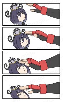 Rule 34 | 1boy, 1girl, 4koma, :<, black hair, blunt bangs, cat refusing to be petted (meme), comic, commentary, fingerless gloves, gloves, gradient hair, gwynn (pokemon), hat, ivor (pokemon), long sleeves, mega stone, meme, multicolored hair, nagu umiga, nintendo, pokemon, pokemon legends: z-a, purple eyes, purple hair, red gloves, rejection, short hair, white background