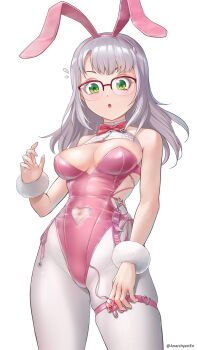 anarchyart blush bow breasts bunnygirl_suit cosplay dildo egg_vibrator glasses goddess_of_victory:_nikke green_eyes hair_ornament highres leggings leotard looking_at_viewer medium_breasts milk_(blooming_bunny)_(nikke) milk_(nikke) nail_polish neon_(nike) neon_(nikke) open_mouth panties pink_nails rabbit_ears rabbit_hair_ornament rabbit_vibrator sex_toy surprised sweatdrop underwear vibrator vibrator, vibrator_under_clothes vibrator_under_panties white_background white_hair white_leggings