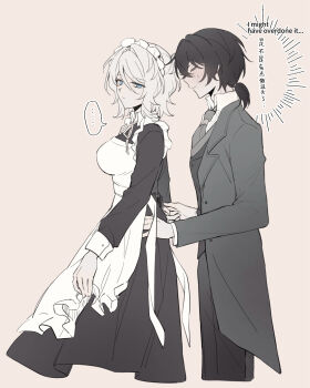 1boy 1girl alternate_costume alternate_language apron blue_eyes blush breasts chinese_text closed_eyes collared_shirt commentary couple cropped_legs embarrassed english_commentary english_text enmaided faust_(project_moon) frilled_apron frills hetero highres inori_(qiming404) large_breasts limbus_company long_sleeves looking_back maid muted_color necktie pants pink_background ponytail project_moon shirt short_hair short_ponytail simple_background tailcoat tying yi_sang_(project_moon)