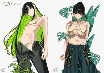 2girls arm_at_side arms_at_sides bikini black_hair black_pants breasts closed_mouth colored_inner_hair commentary_request cowboy_shot criss-cross_straps ear_piercing earrings eyepatch_bikini fern fingernails gold_bikini green_eyes green_hair green_pants highres jewelry large_breasts long_hair multicolored_hair multiple_girls navel navel_piercing no_shirt noeru open_fly open_pants original pants parted_bangs petite piercing plant ponytail simple_background skinny small_breasts standing stomach straight_hair string_bikini swimsuit unbuttoned very_long_hair white_background