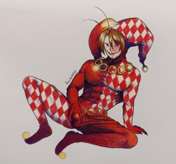 1boy amithesmolsatan bodysuit brown_eyes brown_hair bulge circus claws clown diamond_(shape) gregor_(project_moon) half_mask hat highres holding jester_cap library_of_ruina limbus_company looking_at_viewer mask oswald_(project_moon) project_moon