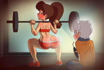 1boy 1girl ass back blush brown_eyes brown_hair butt_crack dimples_of_venus exercising eyelashes from_behind grin highres indoors lincoln_loud looking_at_another looking_back lynn_loud medullamind ponytail sitting smile sportswear squatting staring sweat the_loud_house toned toned_female weightlifting weights white_hair
