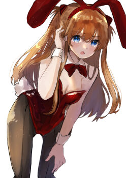 1girl :o animal_ears artist_request blue_eyes blush breasts brown_hair cleavage fake_animal_ears fake_tail fang leotard long_hair looking_at_viewer neon_genesis_evangelion playboy_bunny rabbit_ears rabbit_tail red_leotard shiny_clothes simple_background skin_fang solo souryuu_asuka_langley squatting standing strapless strapless_leotard tail tsundere wide_hips