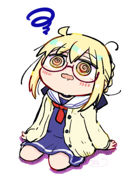 1girl @_@ arm_support artoria_pendragon_(fate) black-framed_eyewear blonde_hair blue_serafuku blue_shirt blue_skirt blush_stickers braid brown_cardigan brown_eyes cardigan chibi colored_shadow commentary_request fate/grand_order fate_(series) full_body glasses hair_between_eyes kasuga_yuuki long_sleeves mysterious_heroine_x_alter_(fate) open_cardigan open_clothes open_mouth pleated_skirt puffy_long_sleeves puffy_sleeves sailor_collar school_uniform semi-rimless_eyewear serafuku shadow shirt simple_background skirt sleeves_past_wrists solo squiggle under-rim_eyewear white_background white_sailor_collar