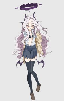 1girl ahoge black_bra black_halo black_thighhighs blue_archive blue_skirt blush bra breasts demon_girl demon_horns demon_wings dust_bunny_(dtky5772) full_body halo highres hina_(blue_archive) horns long_hair looking_at_viewer low_wings purple_eyes skirt small_breasts solo standing thighhighs underwear white_hair wings