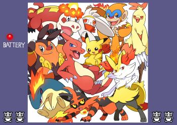 :d absurdres battery_indicator black_eyes blue_eyes braixen bright_pupils charmeleon claws combusken commentary_request crocalor fangs fangs_out gen_1_pokemon gen_2_pokemon gen_3_pokemon gen_4_pokemon gen_5_pokemon gen_6_pokemon gen_7_pokemon gen_8_pokemon highres looking_up monferno nintendo no_humans open_mouth pignite pikachu pokemon pokemon_(creature) pokemon_focus pon_yui quilava raboot smile standing stick tongue torracat white_pupils