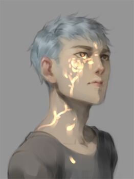 1boy brown_eyes closed_mouth collarbone commentary english_commentary facial_mark grey_background grey_hair grey_shirt looking_up lydialing_draws male_focus nose original realistic shirt short_hair simple_background sketch solo upper_body very_short_hair